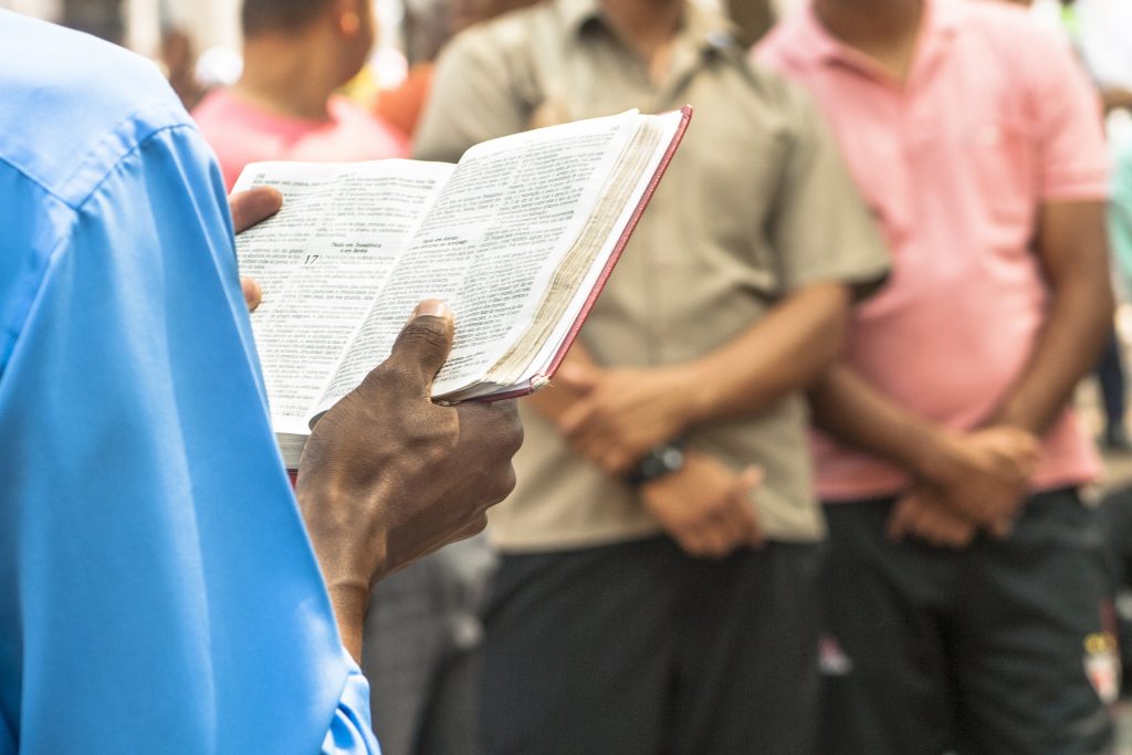 Sao Paulo, Brazil, January 09, 2009. Man evangelical preacher explains God's Word in Se Square in downtown Sao Paulo